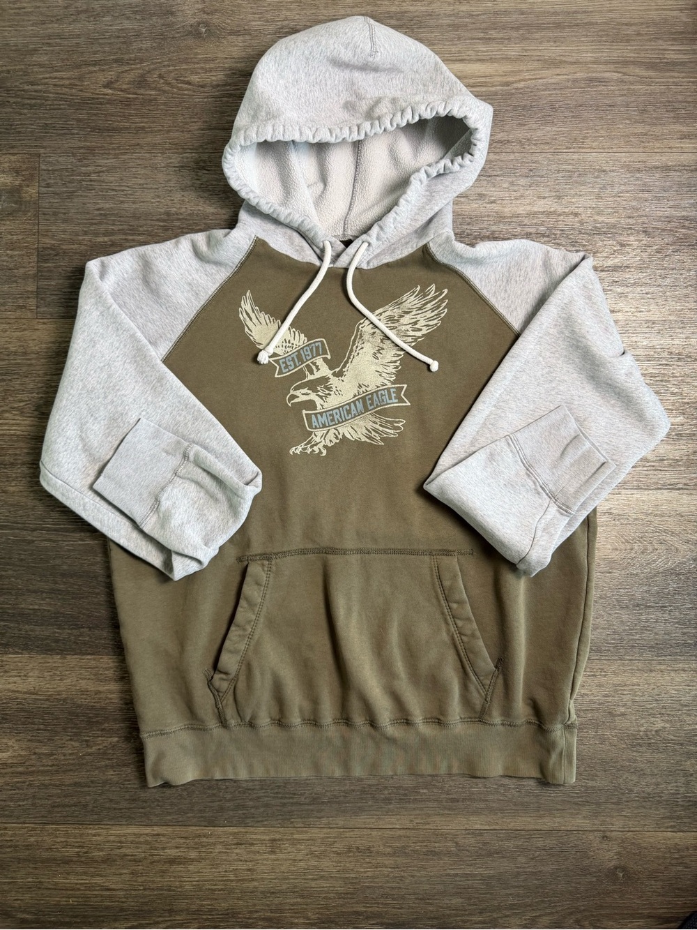 American Eagle Outfitters Two-Tone Olive Green and Light Gray Hoodie